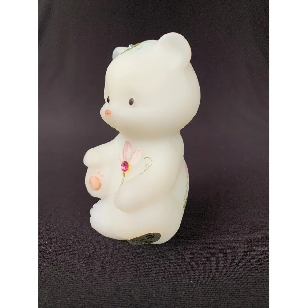 Vintage Fenton Glass Bear White Satin 2 Rhinestones 3.50” Figurine Hand Painted